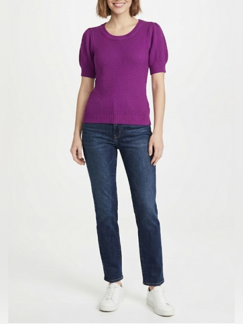 Bebe Women's Sweater Purple Size Medium Puff Dolman Short Sleeve Knit Pullover